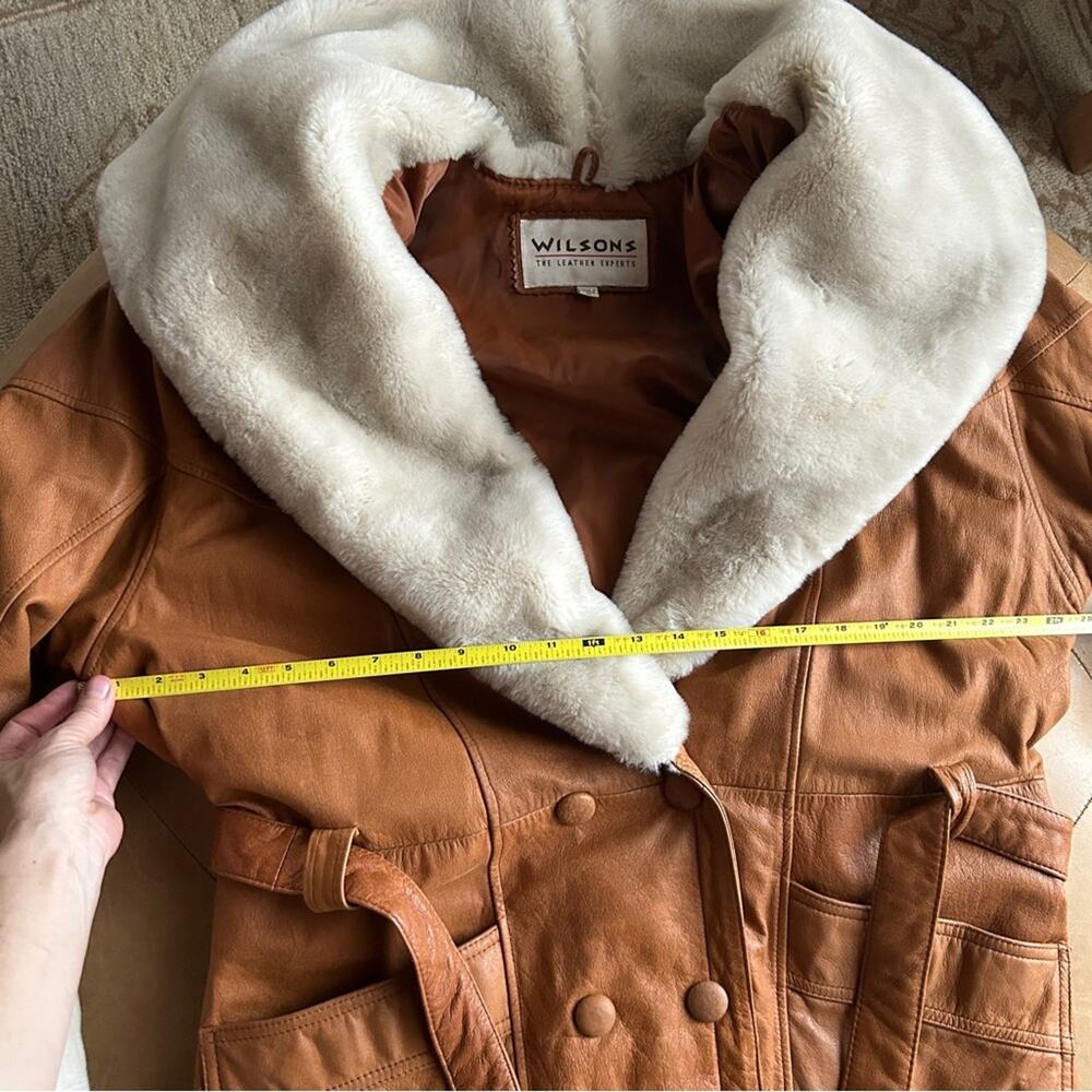 Penny Lane Shearling Trim Leather Coat Boho 70s Revival Oversized L Wilsons - Picture 14 of 16